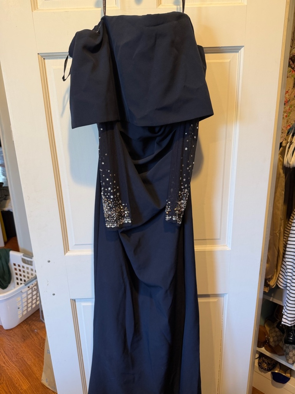 Vince Camuto Navy Off the Shoulder  Evening Gown with Embellished Draped Overlay